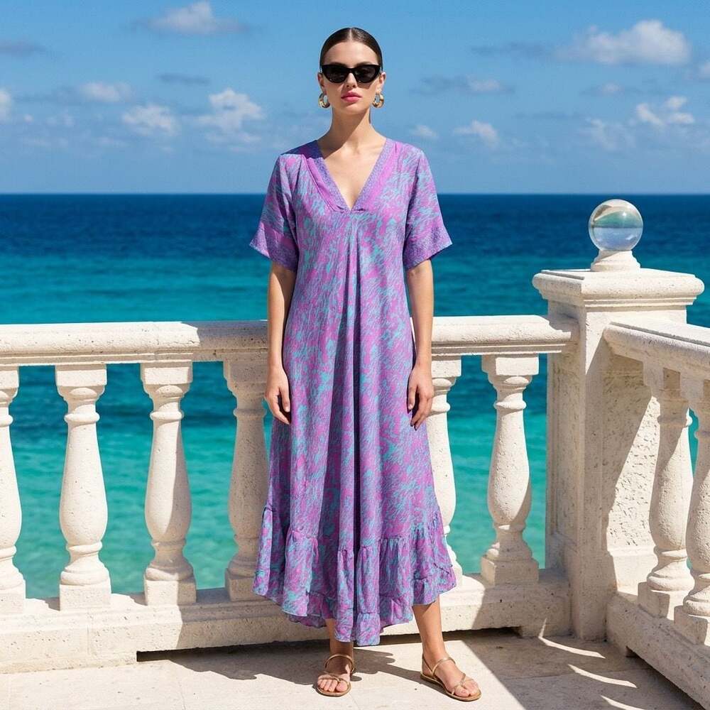 AYFËE Florence V-Neck Short Sleeve Printed Maxi Dress with Ruffled Hem #1049